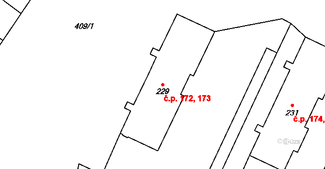 Studánka 172,173, Hranice na parcele st. 229 v KÚ Studánka u Aše, Katastrální mapa
