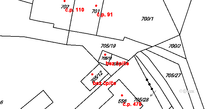 Hosín 43276571 na parcele st. 705/11 v KÚ Hosín, Katastrální mapa