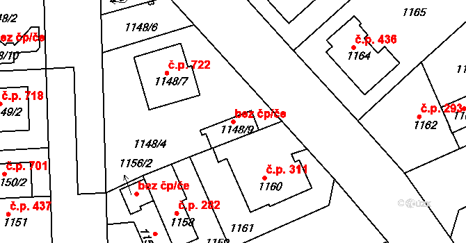 Plzeň 48134571 na parcele st. 1148/9 v KÚ Bručná, Katastrální mapa
