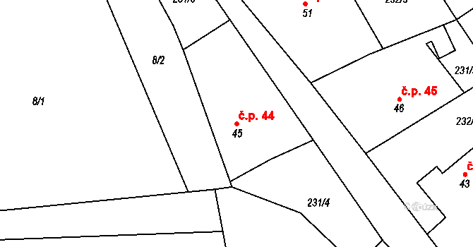 Hošťalovice 44 na parcele st. 45/1 v KÚ Hošťalovice, Katastrální mapa
