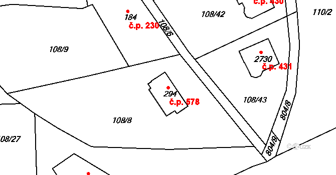 Rajchardov 578, Hradištko na parcele st. 294 v KÚ Hradištko pod Medníkem, Katastrální mapa