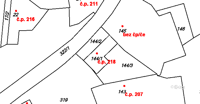 Průhonice 218 na parcele st. 144/1 v KÚ Hole u Průhonic, Katastrální mapa