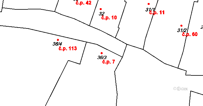 Borkovice 7 na parcele st. 36/3 v KÚ Borkovice, Katastrální mapa