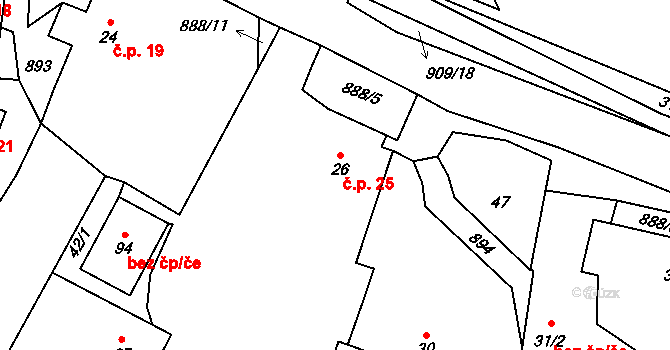 Mokrosuky 25 na parcele st. 26 v KÚ Mokrosuky, Katastrální mapa