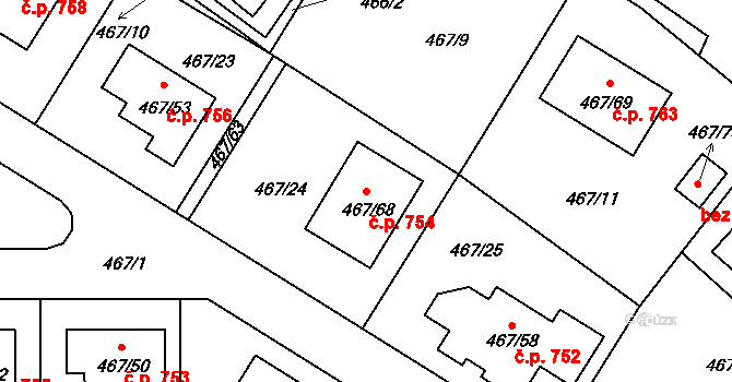 Srubec 754 na parcele st. 467/68 v KÚ Srubec, Katastrální mapa
