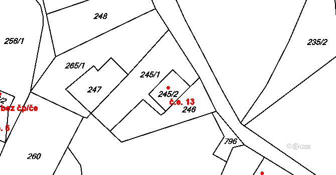 Čeřeniště 13, Malečov na parcele st. 245/2 v KÚ Čeřeniště, Katastrální mapa