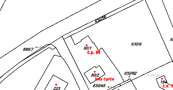 Svatý Kříž 86, Havlíčkův Brod na parcele st. 80/1 v KÚ Suchá u Havlíčkova Brodu, Katastrální mapa