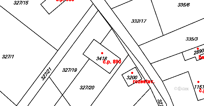 Ostravice 890 na parcele st. 3418 v KÚ Ostravice 1, Katastrální mapa