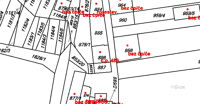Hlohovec 489 na parcele st. 886 v KÚ Hlohovec, Katastrální mapa