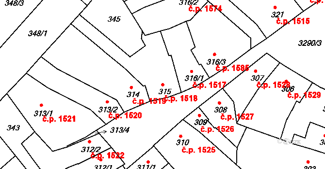 Kroměříž 1518 na parcele st. 315 v KÚ Kroměříž, Katastrální mapa