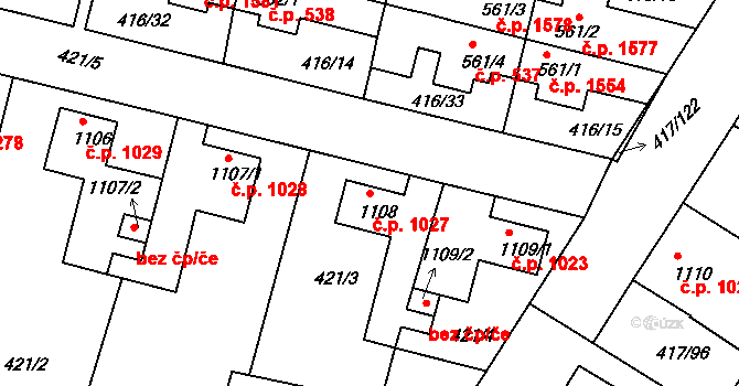 Bystřice pod Hostýnem 1027 na parcele st. 1108 v KÚ Bystřice pod Hostýnem, Katastrální mapa