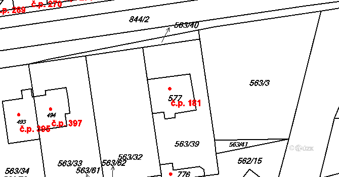 Olšany u Prostějova 181 na parcele st. 577 v KÚ Olšany u Prostějova, Katastrální mapa