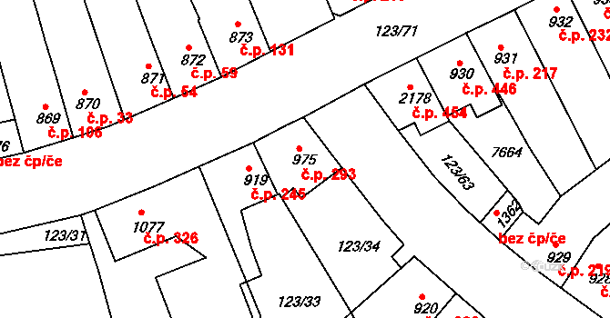 Telč-Štěpnice 293, Telč na parcele st. 975 v KÚ Telč, Katastrální mapa