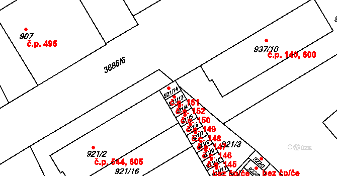 Vyškov-Předměstí 151, Vyškov na parcele st. 921/14 v KÚ Vyškov, Katastrální mapa