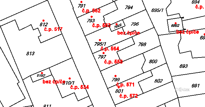 Kosmonosy 558 na parcele st. 797 v KÚ Kosmonosy, Katastrální mapa