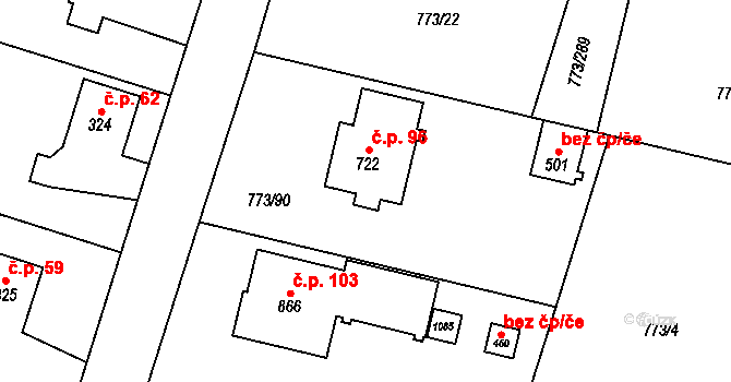 Brtnice 96, Velké Popovice na parcele st. 722 v KÚ Velké Popovice, Katastrální mapa