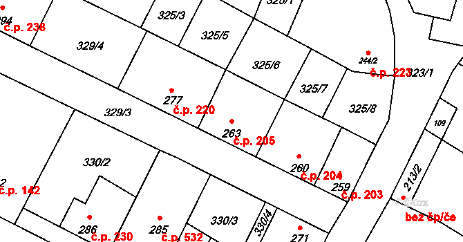 Mohelno 205 na parcele st. 263 v KÚ Mohelno, Katastrální mapa