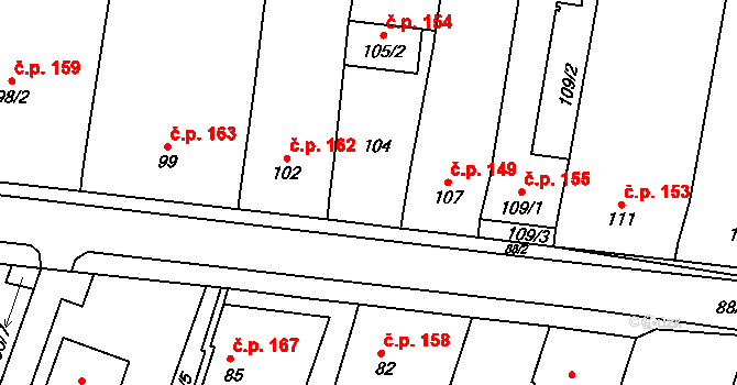 Chvalovice 154 na parcele st. 104 v KÚ Chvalovice, Katastrální mapa