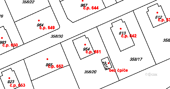 Pacov 651 na parcele st. 954 v KÚ Pacov, Katastrální mapa