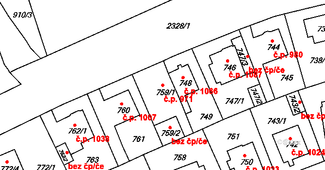 Trnovany 971, Teplice na parcele st. 759/1 v KÚ Teplice-Trnovany, Katastrální mapa