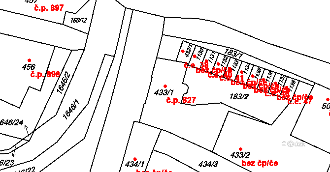 Litovel 827 na parcele st. 433/1 v KÚ Litovel, Katastrální mapa