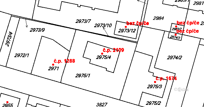 Horní Počernice 2109, Praha na parcele st. 2975/4 v KÚ Horní Počernice, Katastrální mapa