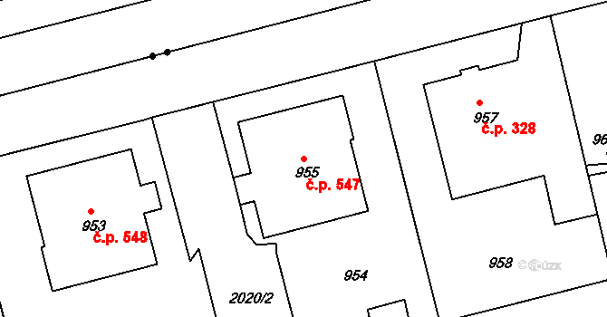 Lhotka 547, Praha na parcele st. 955 v KÚ Lhotka, Katastrální mapa