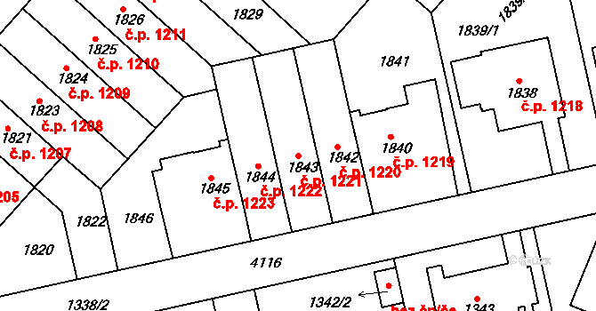 Dejvice 1221, Praha na parcele st. 1843 v KÚ Dejvice, Katastrální mapa