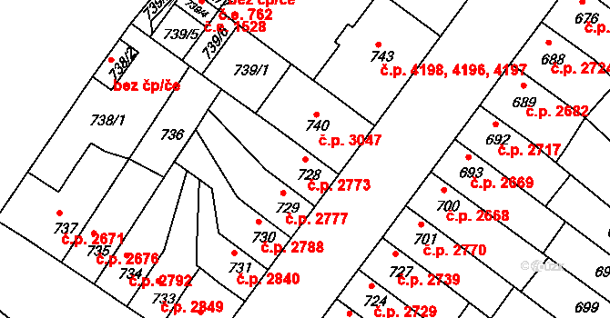 Chomutov 2773 na parcele st. 728 v KÚ Chomutov II, Katastrální mapa
