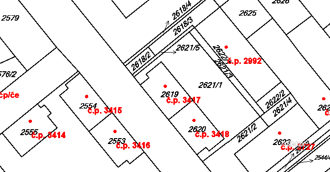 Chomutov 3417 na parcele st. 2619 v KÚ Chomutov II, Katastrální mapa