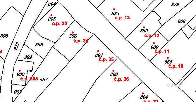 Hodkovice nad Mohelkou 35 na parcele st. 891 v KÚ Hodkovice nad Mohelkou, Katastrální mapa