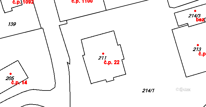 Vsetín 22 na parcele st. 211 v KÚ Vsetín, Katastrální mapa