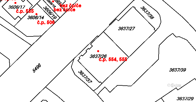 Božkov 554,555, Plzeň na parcele st. 3637/26 v KÚ Plzeň, Katastrální mapa