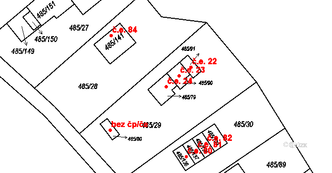 Milotice nad Bečvou 24 na parcele st. 485/79 v KÚ Milotice nad Bečvou, Katastrální mapa