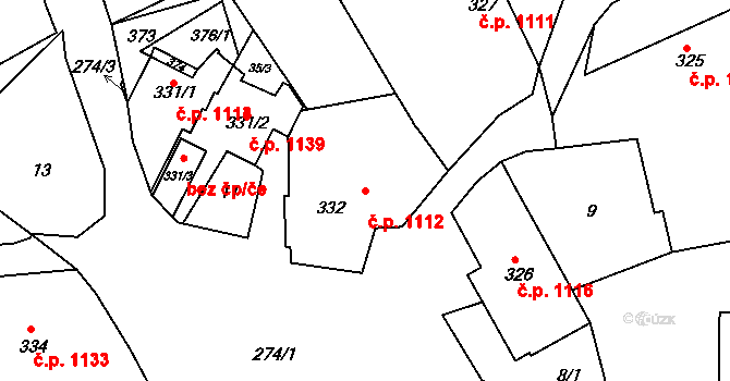 Bratrušín 1112, Bystřice nad Pernštejnem na parcele st. 332 v KÚ Bratrušín, Katastrální mapa