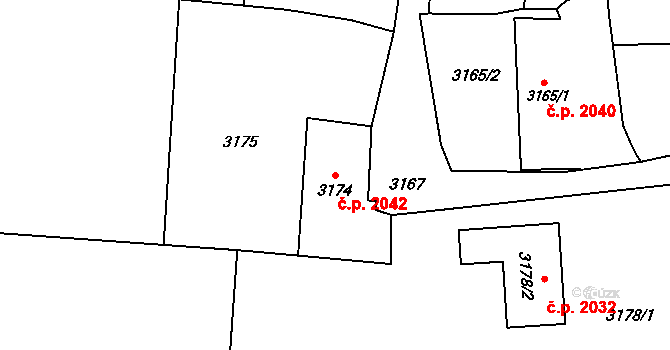 Prostřední Dvůr 2042, Vítkov na parcele st. 3174 v KÚ Vítkov, Katastrální mapa
