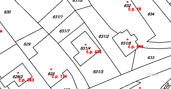 Kozmice 438 na parcele st. 631/4 v KÚ Kozmice, Katastrální mapa