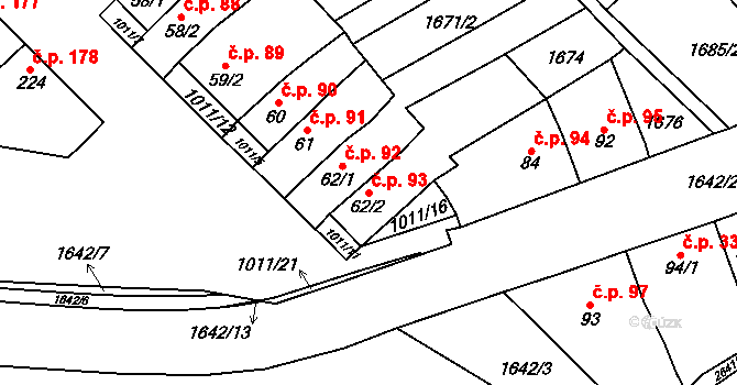 Hostěrádky-Rešov 93 na parcele st. 62/2 v KÚ Hostěrádky, Katastrální mapa