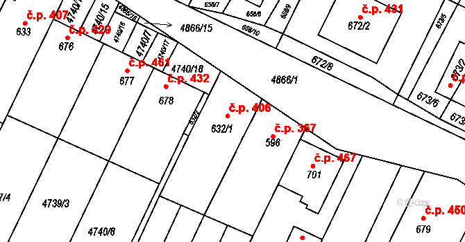 Šumice 406 na parcele st. 632/1 v KÚ Šumice u Uherského Brodu, Katastrální mapa