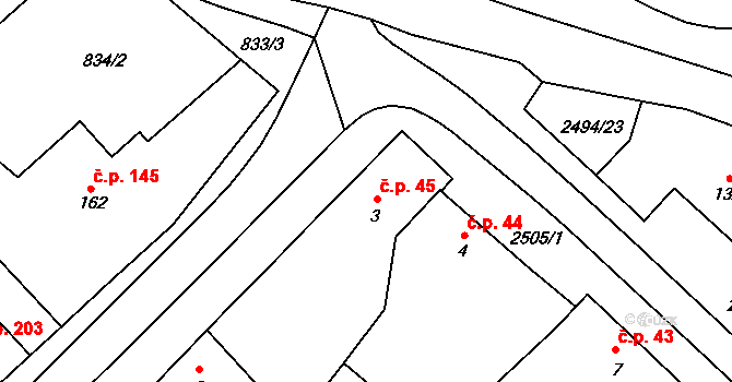 Mouřínov 45 na parcele st. 3 v KÚ Mouřínov, Katastrální mapa