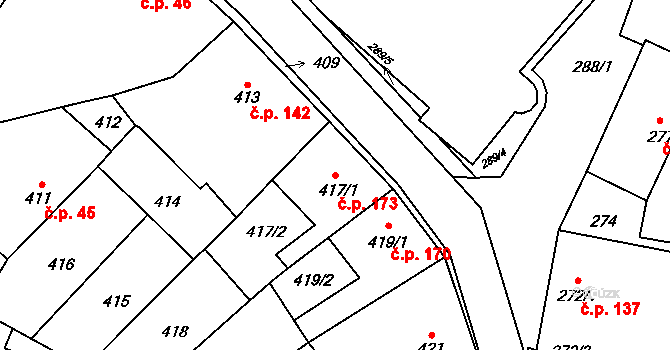 Rájec 173, Rájec-Jestřebí na parcele st. 417/1 v KÚ Rájec nad Svitavou, Katastrální mapa