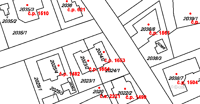 Radotín 1653, Praha na parcele st. 2024/2 v KÚ Radotín, Katastrální mapa