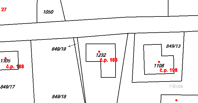 Brtnice 186, Velké Popovice na parcele st. 1232 v KÚ Velké Popovice, Katastrální mapa
