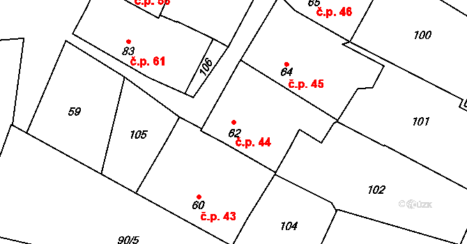 Kámen 44 na parcele st. 62/1 v KÚ Kámen u Pacova, Katastrální mapa