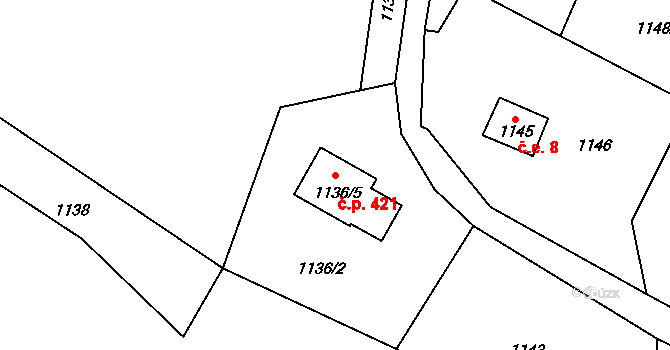 Milíře 421, Rádlo na parcele st. 1136/5 v KÚ Rádlo, Katastrální mapa