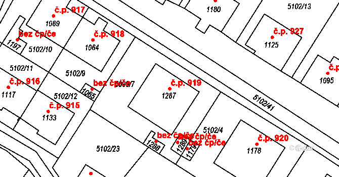 Hrušovany nad Jevišovkou 919 na parcele st. 1287 v KÚ Hrušovany nad Jevišovkou, Katastrální mapa