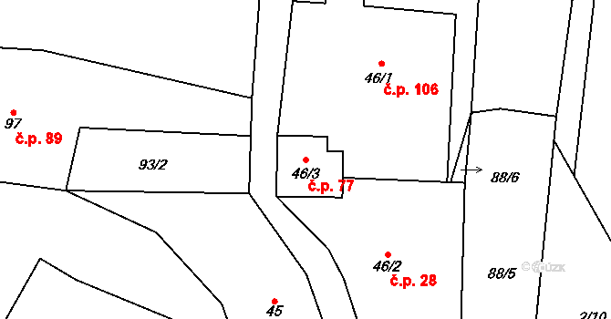 Třebonín 77 na parcele st. 46/3 v KÚ Třebonín, Katastrální mapa