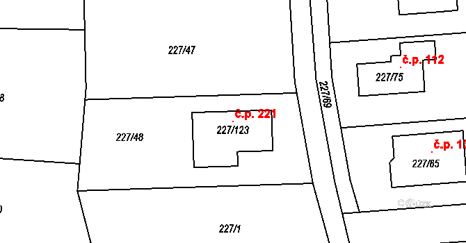 Trubín 221 na parcele st. 227/123 v KÚ Trubín, Katastrální mapa
