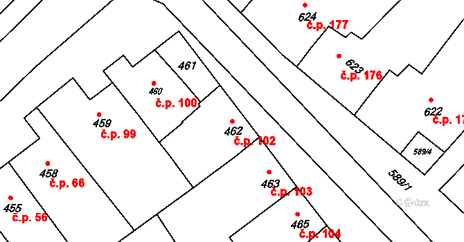 Šaratice 102 na parcele st. 462 v KÚ Šaratice, Katastrální mapa