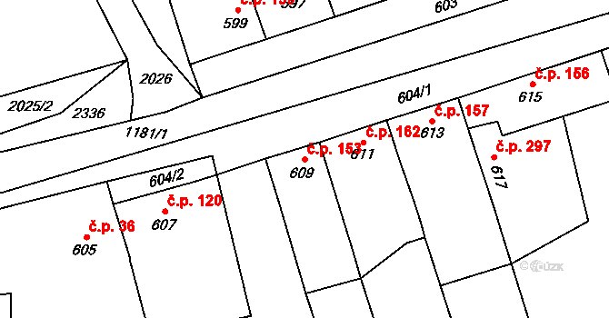 Grygov 153 na parcele st. 609 v KÚ Grygov, Katastrální mapa